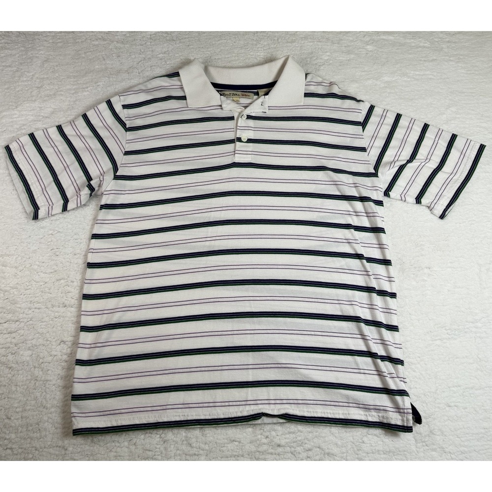Men's Y2k Point Zero White Striped Short Sleeve Polo Medium 2000s Skater Casual